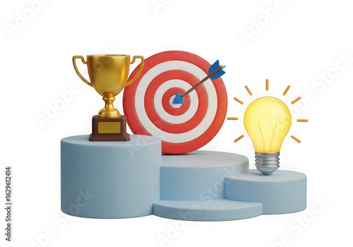 Wallpaper Mural 3d icon of golden trophy, dartboard with arrow, and glowing lightbulb on podiums, symbolizing success, goals, and ideas isolated on transparent background Torontodigital.ca
