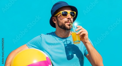 Summertime Refreshment: Man with Drink and Beach Ball