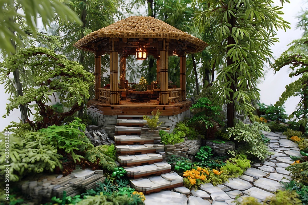 Obraz premium bamboo pavilion modern lush greenery stone pathway aesthetic 