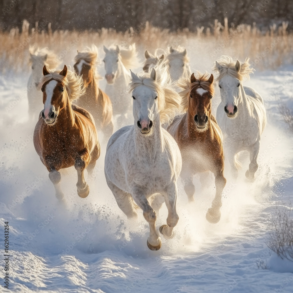 Obraz premium Horses playing in a field of fresh snowfall, kicking up powder, joyful and lively, UHD 8K