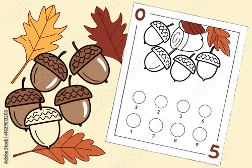 Illustration of acorns and autumn leaves with a worksheet featuring counting and number recognition skills