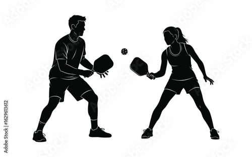 Pickleball players in action, a dynamic silhouette showcasing sport, fitness, and competitive fun isolated on white background for design use