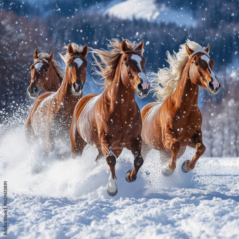 Obraz premium Horses playing in a field of fresh snowfall, kicking up powder, joyful and lively, UHD 8K