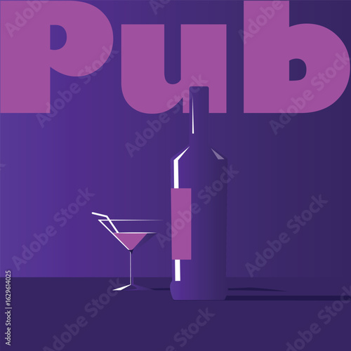 Pub banner, restaurant poster, alcohol menu, bottle, glass, flat illustration silhouette. Party design, wine list, drink party, booze, red wine, liqueur, martini, chardonnay, cabernet, merlot