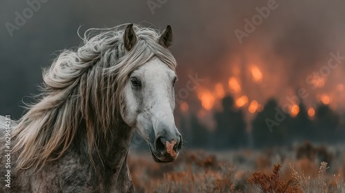 Wallpaper Mural Majestic gray horse amidst wildfire Torontodigital.ca