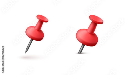 Red pushpins in realistic 3D style. Vector illustration.