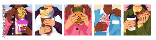 People hold fast food set. Hands with fastfood, takeaway drinks and snacks. Men and women eating noodles, shawarma, burger, ice cream, croissant with paper cup of coffee. Flat vector illustrations