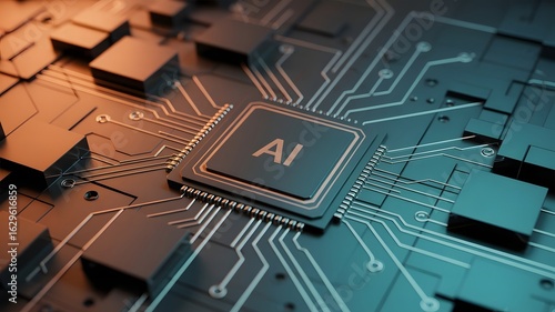 Close up of a futuristic ai microchip on a complex printed circuit board with glowing blue and orange lights representing advanced technology and innovation