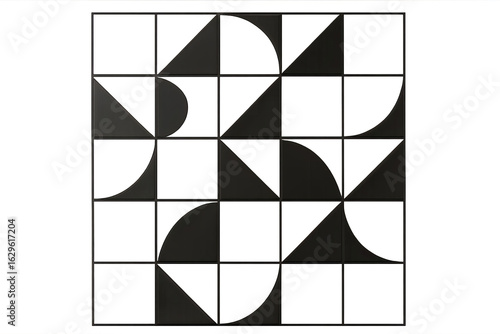 Geometric black tile with quarter circles forming a modern abstract pattern on transparent background