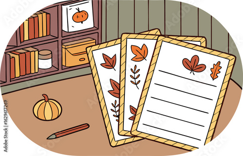 A cozy autumn scene featuring a desk with fall themed stationery pumpkin and a bookshelf in the background
