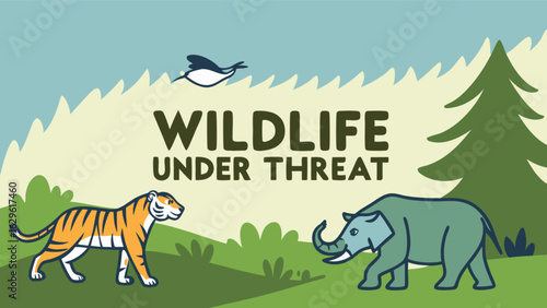 Wildlife conservation endangered species tiger elephant bird nature protection awareness campaign vector art