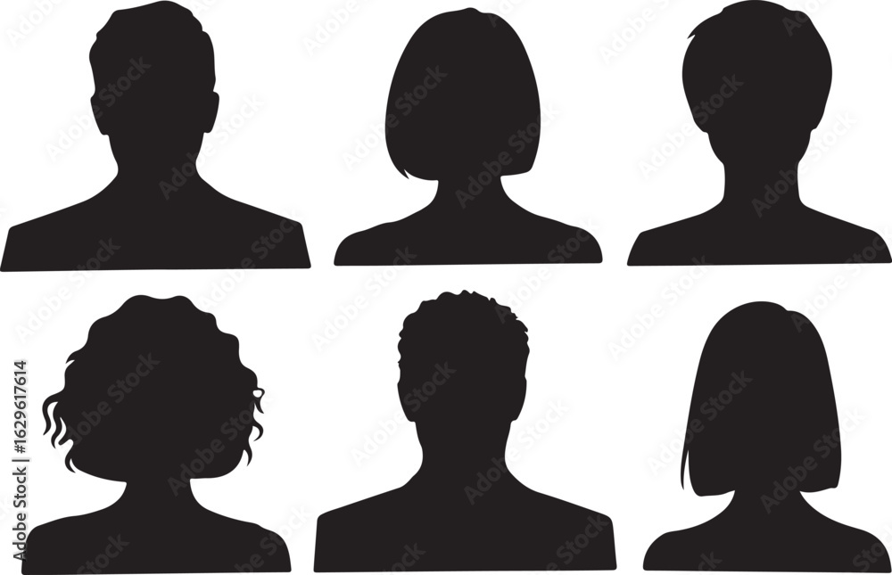 Set of anonymous user profile picture icons. Black silhouette head and shoulders avatars for men and women with different hairstyles. Set of anonymous user profile picture icons. Black silhouette head and shoulders avatars for men and women with different hairstyles.