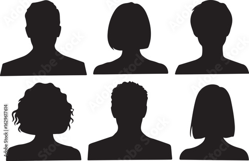 Set of anonymous user profile picture icons. Black silhouette head and shoulders avatars for men and women with different hairstyles.