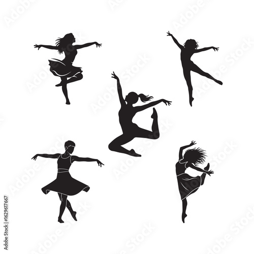 Five female dancers in silhouette performing ballet