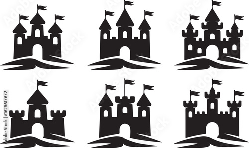 Collection of six different castle silhouettes. Vector graphic icons of medieval fortresses and fantasy fairytale towers for design elements.
