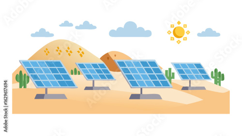 Solar panel system in desert landscape for renewable energy and sustainable power generation concept art
