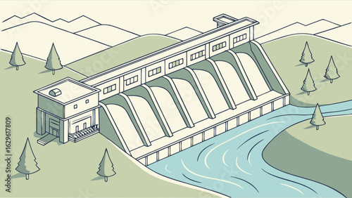 Illustration of a hydroelectric dam generating renewable energy with river and trees in a landscape view