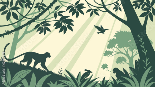 Tropical rainforest illustration with monkey and birds wildlife nature jungle scene vector design