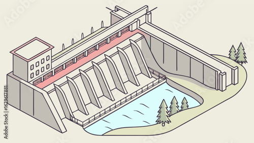Hydroelectric dam power plant illustration for renewable energy and sustainable electricity generation concept