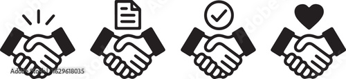 Business partnership and agreement icon set. Handshake symbols representing a contract, successful deal, and trusted collaboration.