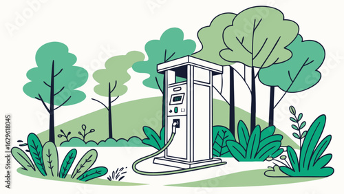Electric vehicle charging station in nature park for sustainable transport and green energy solutions concept