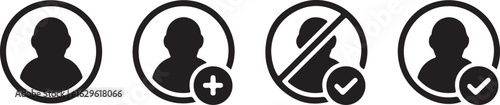 User profile icon set for account management. Vector symbols for add, remove, block, and verified status for UI and UX design.