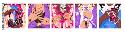 Set of hands with accessories. Female looks with jewelry. Women in fashion clothes with stylish necklaces, golden rings, pendants with gems, bracelets, and trendy jewellery. Flat vector illustrations