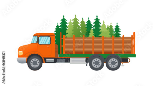 Orange truck carrying christmas trees vector illustration for holiday season and winter transportation needs