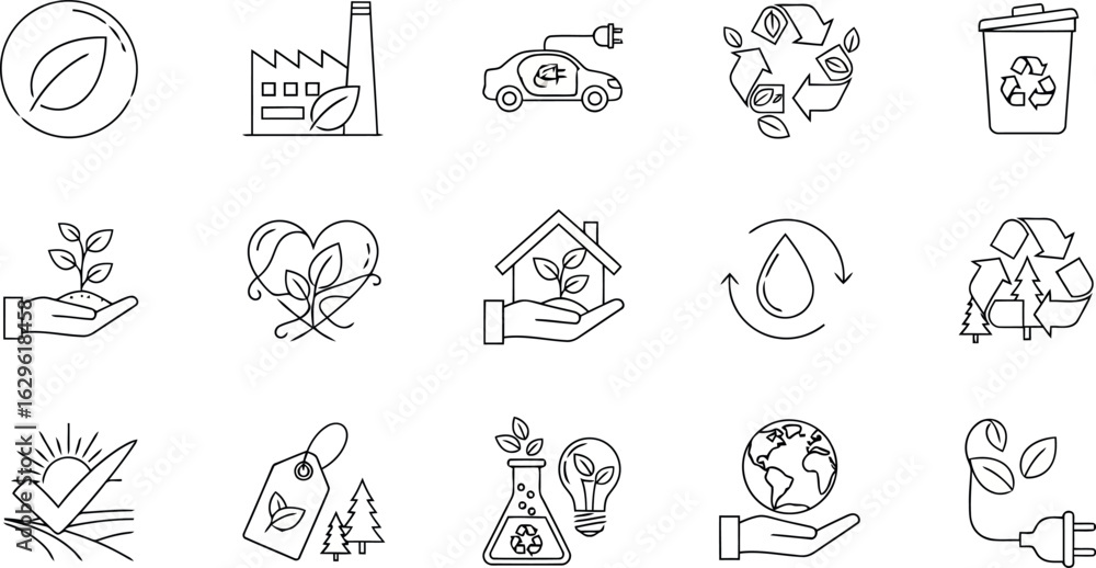 Fototapeta premium Vector art of collection of ecofriendly and sustainability icons, including nature, energy, and recycling symbols, isolated on white background transparent background