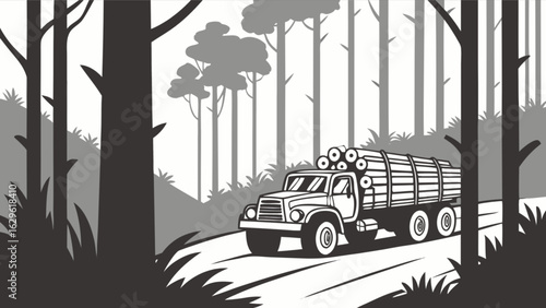 Logging truck carrying timber through forest black and white vector illustration design resource
