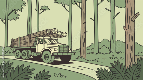 Logging truck carrying timber through green forest landscape vector illustration design element art