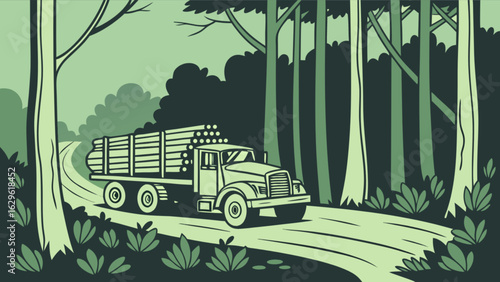 Illustration of logging truck carrying timber through forest landscape vector graphic design artwork