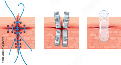 Medical illustration showing different types of wound closure: sutures staples and adhesive bandage.