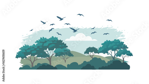 Beautiful landscape vector illustration with trees birds and sky background nature scene graphic design