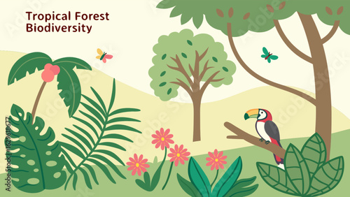 Explore tropical rainforest biodiversity with toucans butterflies and lush green plants illustration vector 100