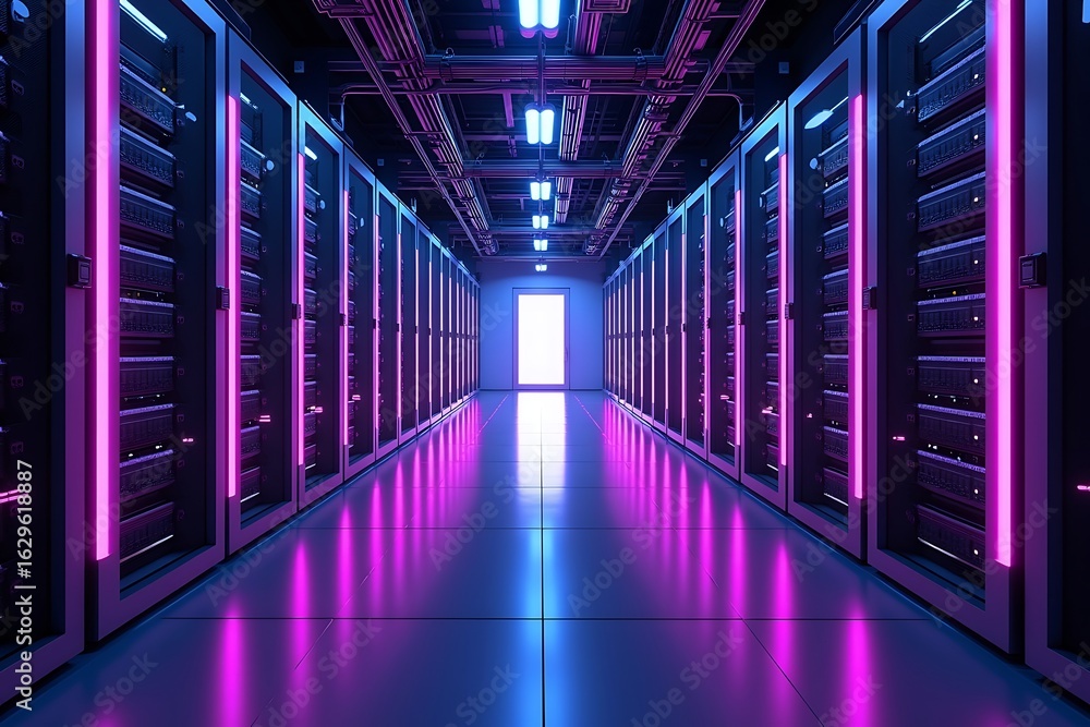 Fototapeta premium Data center server room with neon lights, modern it infrastructure for cloud computing and data storage