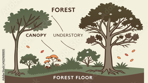 Forest layers illustration showing canopy understory and forest floor ecosystem diagram for education use