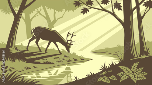 Deer in forest vector illustration wildlife scene with river and trees nature background scenery animal art 100