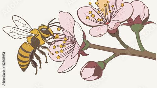 Honey bee pollinating cherry blossom flowers spring nature wildlife insect illustration vector drawing art