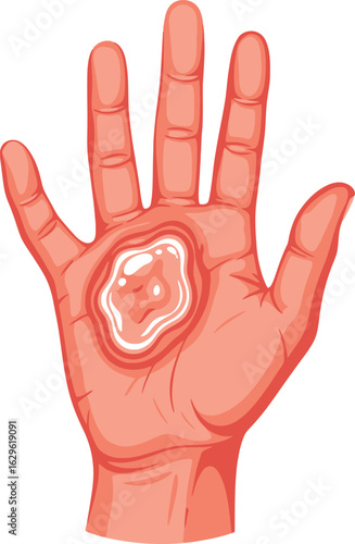 Stylized human hand with a severe fluid-filled blister from a burn or friction injury.