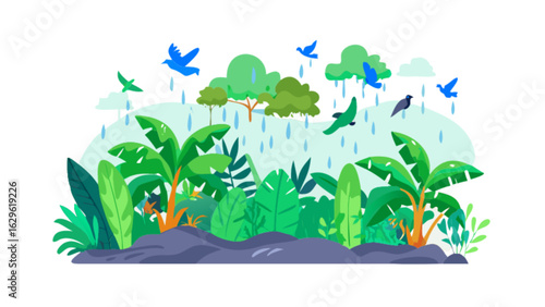 Tropical rainforest illustration with birds rain and lush green plants nature scene vector design element is here