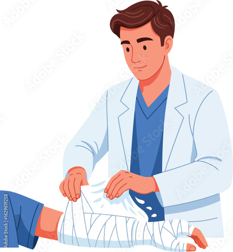 Young male doctor in a white lab coat and blue scrubs carefully bandaging a patients injured arm.