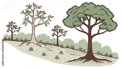 Illustration of trees landscape with foliage and roots for nature and environment concepts design vector