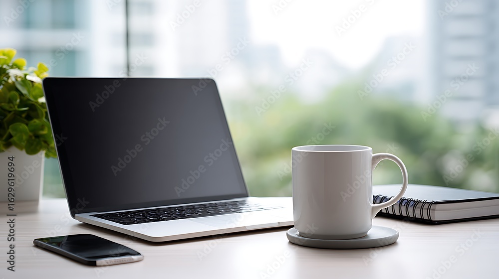 Modern workspace with laptop coffee cup office items clean desk bright light minimal design professional and organized environment Modern workspace with laptop coffee cup office items clean desk bright light minimal design professional and organized environment