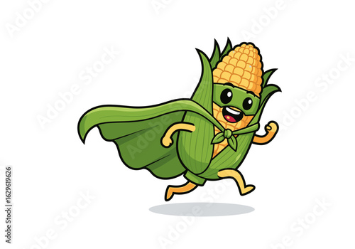 Playful Superhero Corn Character Running in a Vibrant Green Cape