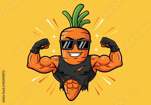 Muscular Cartoon Carrot Character with Sunglasses and Bold Expression on Yellow Background
