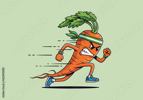 Angry Cartoon Carrot Running Quickly with Determination and Energy