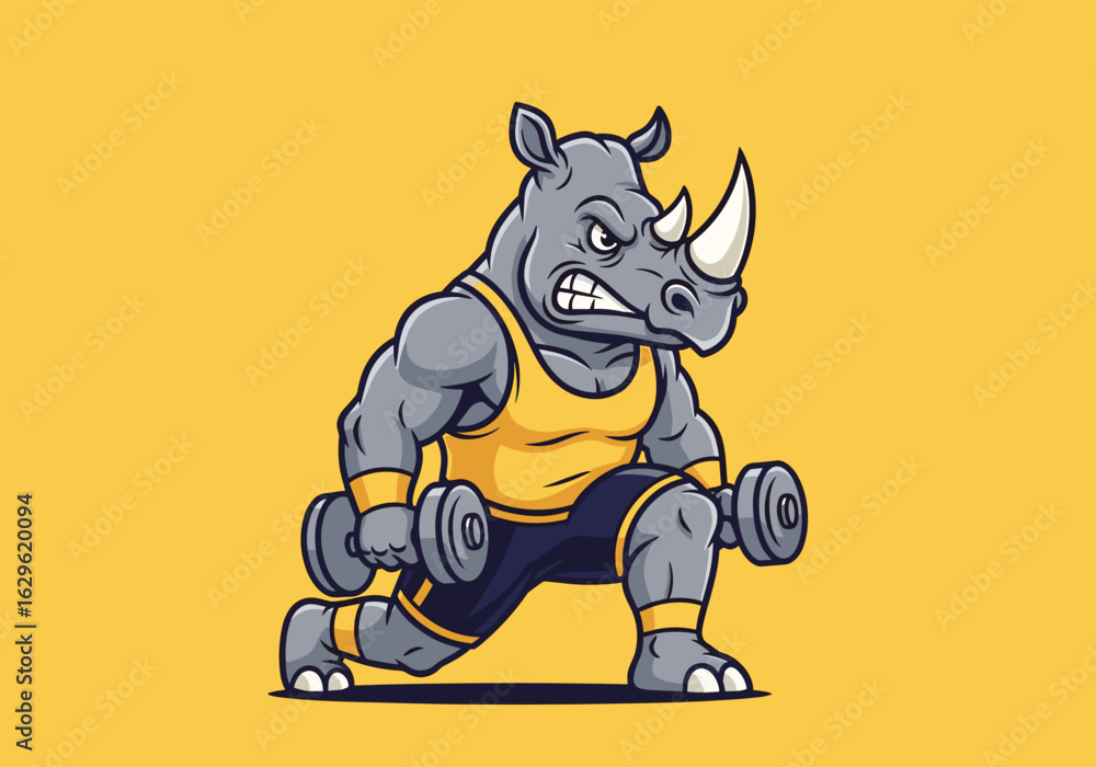 Fototapeta premium Strong Rhino Character Lifting Dumbbells in a Dynamic Exercise Pose Against a Bright Yellow Background