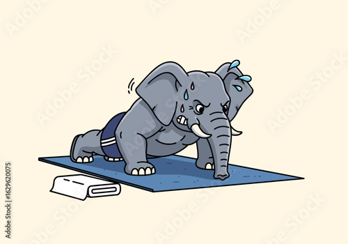 Funny Cartoon Elephant Doing Yoga Exercise on a Mat