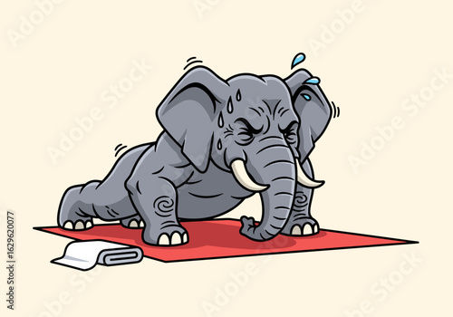 Playful Cartoon Elephant Stretching on a Red Yoga Mat